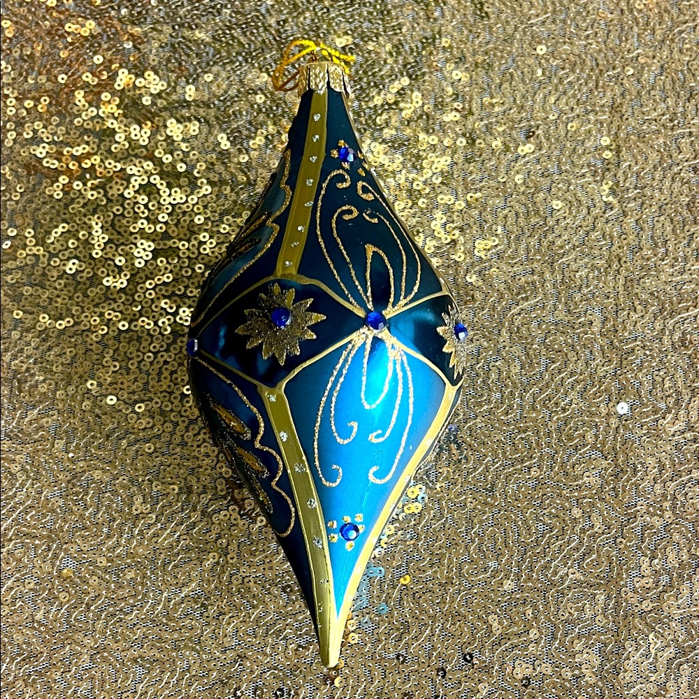 Vintage elongated gold & royal blue jewel pointed teardrop finial ornament 6.5"